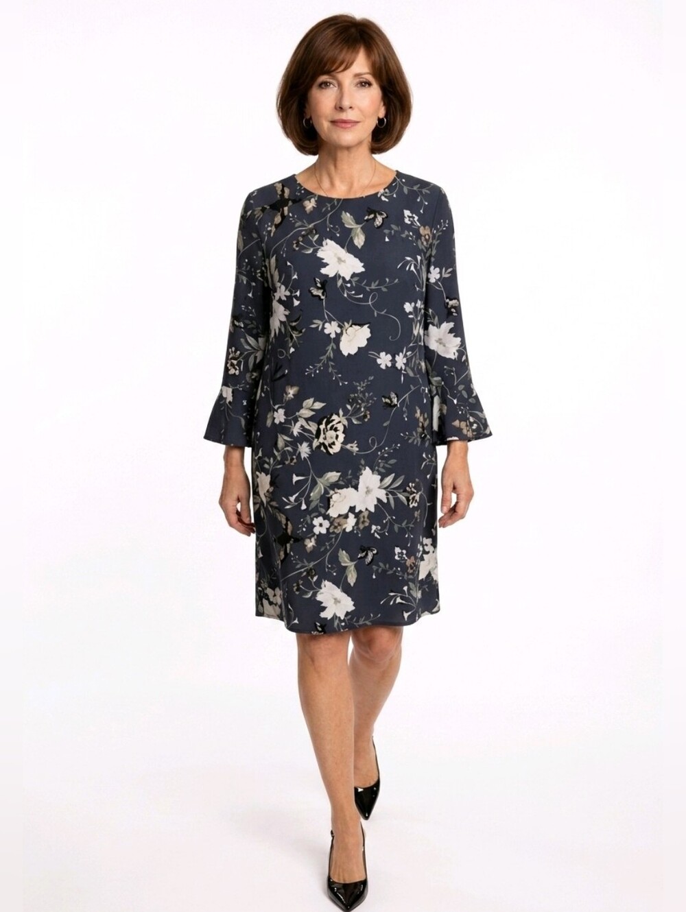 Old Navy Dark Gray Floral 3/4 Ruffle Sleeve Sheath Dress Size XS